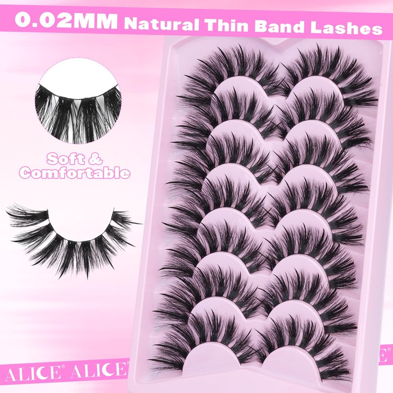 ALICE Lashes Wispy False Eyelashes - 7 Pairs Spiky Cat Eye Lashes Faux Mink Lashes - 0.02mm Ultra -Thin Band for Invisible Lash Line, Lightweight & Comfortable Wear, Reusable Natural Looking Falsies