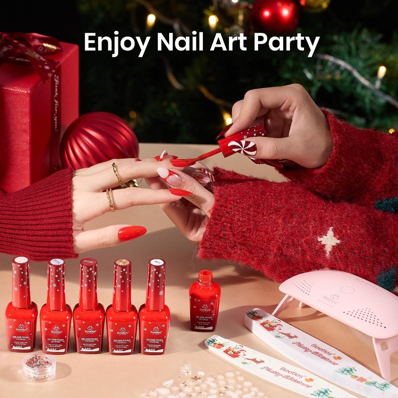 Beetles 27Pcs Gel Nail Polish Kit with U V Light -6 Colors Cat Eye Gel Polish Set Red Jelly Glitter Gold Merry Glitz with Everything Soak Off Home Salon DIY Manicure Set Gifts for Women