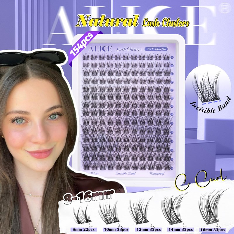 Natural Lash Clusters Wispy Cluster Eyelash Extensions Invisible Band Individual Lashes C-Curly DIY Lash Extension 8-16mm Waterproof Soft Cluster Lashes 168pcs by ALICE