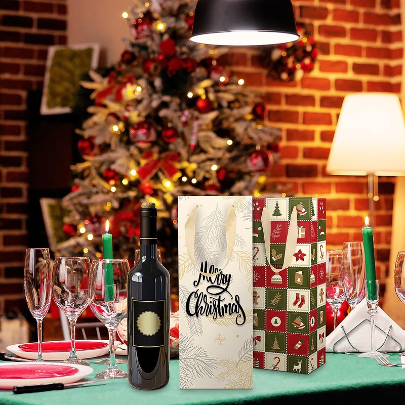 DeckTheHalls Christmas Gift Bags, 8 Pcs Wine Gift Bags with Unique Xmas Designs, Christmas Goody Bags with Ribbon Handles, Reusable Wine Bottle Wrap Bags for Xmas, Engagements & Party