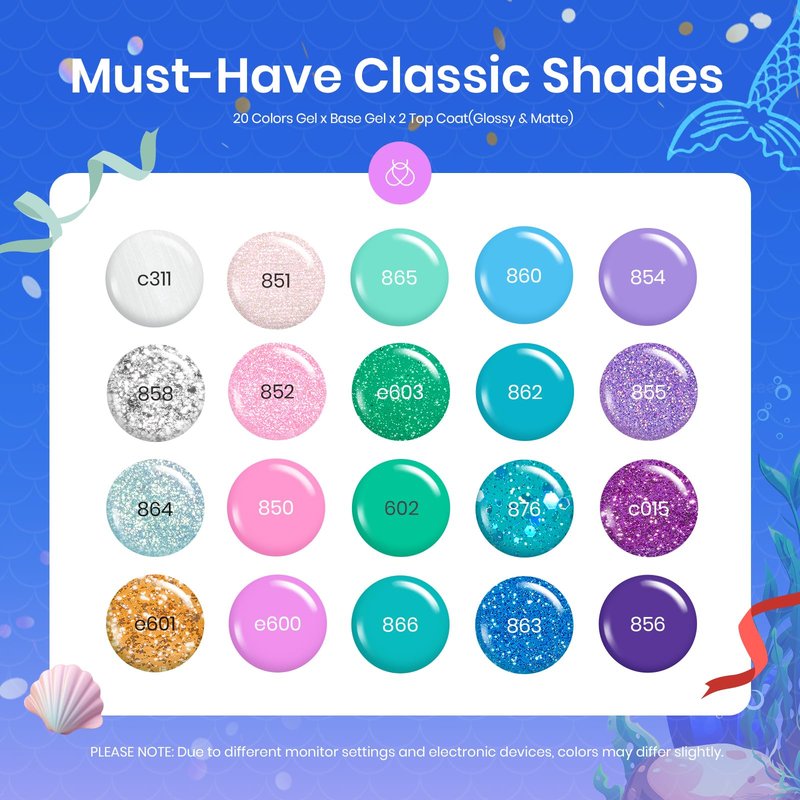 Beetles Purple Gel Nail Polish Set, 20 Colors Blue Green Pink Purple Shimmer Glitter Mermaid Gel Polish Kit with Base Top Coat Soak off Uv Nail Art Spring Gifts for Women