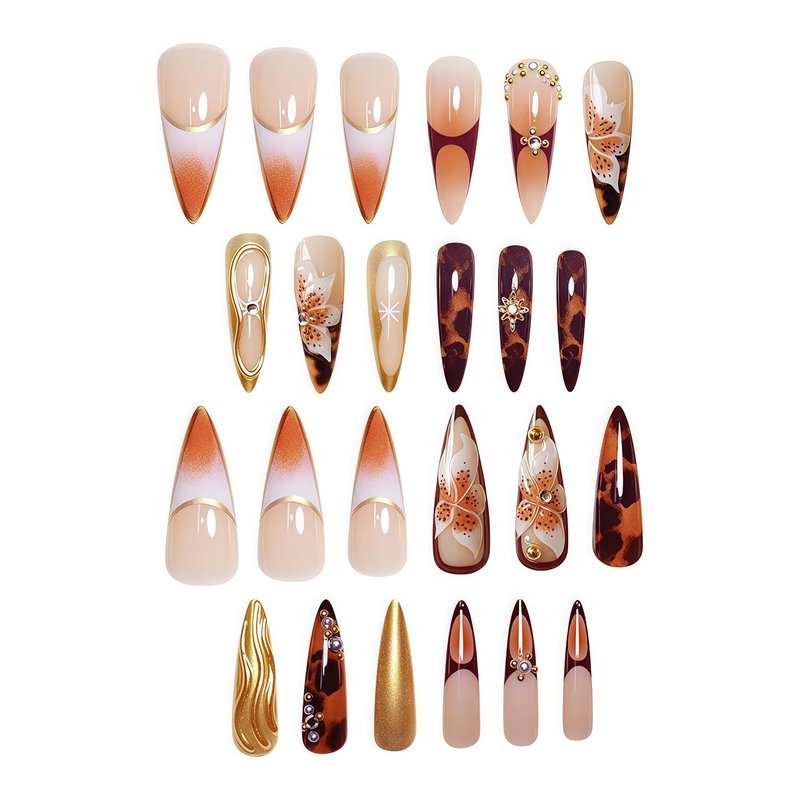 Almond Press-On Nails | Brown Floral Artificial Nails with Gold Charm | 24 Pcs Summer Design