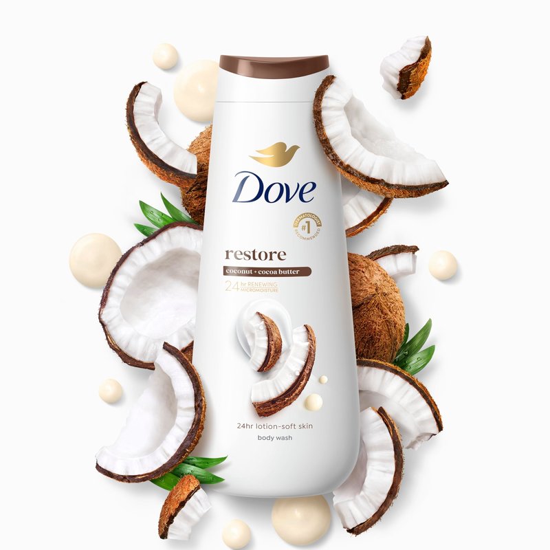 Dove Body Wash Restore Coconut & Cocoa Butter for 24hr Lotion-Soft Skin Moisturizing Skin Cleanser with No Sulfates No Parabens 20 oz