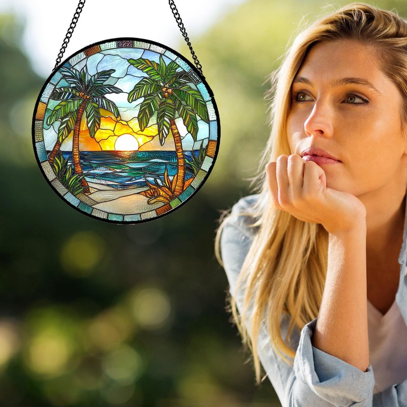GEFOS Stained Glass Window Hanging Sea Beach Coconut Trees Sunrise 7.8" - Suncatcher Door Garden Sunroom Sun Catcher Home Decor Birthday Christmas for Mom Men Woman Nana