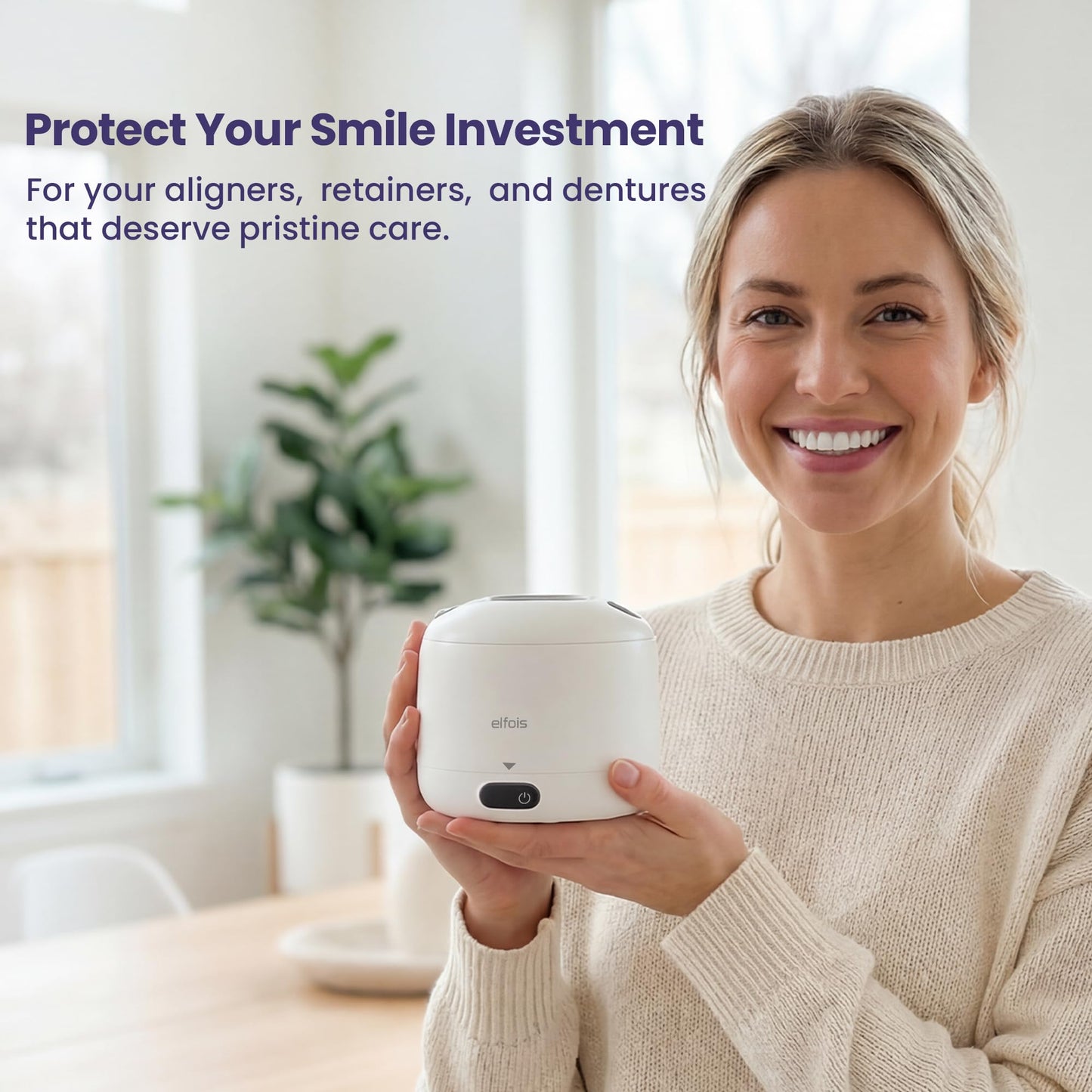 ELFOIS Premium Ultrasonic Retainer Cleaner Machine with UV — 45kHz Durable Dental Pod, 4 Cleaning Modes, Detachable Design for Invisalign, Aligners, Night Guards, Mouth Guards and Dentures