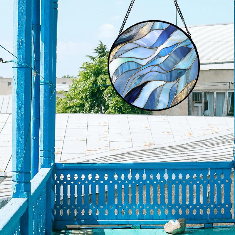 GEFOS Stained Glass Window Hanging Blue Gradient Abstract Large 15" - Suncatcher Door Garden Sunroom Sun Catcher Home Decor Housewarming Birthday for Mom Grandma Men Woman