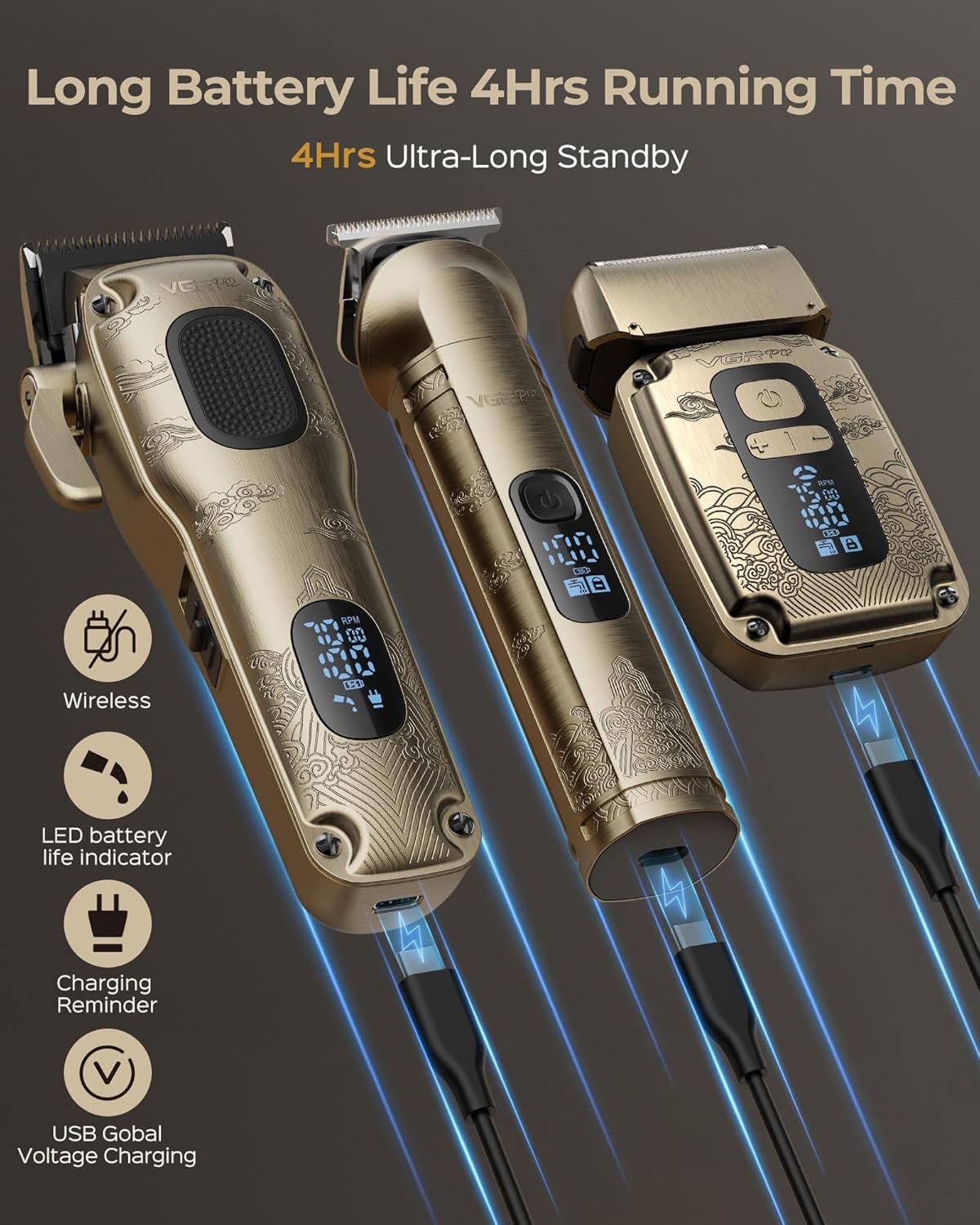 VGRPRO Hair Clipper & Trimmer Set - Professional Waterproof Electric Razor for Men | Cordless, 4-Speed, LED Display