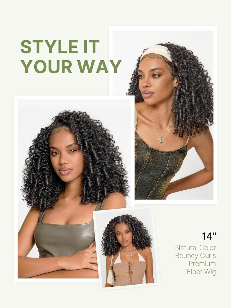 Frodio Kinky Curly Half Wig 14 Inches Veralux™ Fiber Blend Human Hair 200% Density 13X6 HD Lace Frontal Glueless Wig with Unique Bouncy Curl,Natural Black Ready to Go Headband Wig for Women