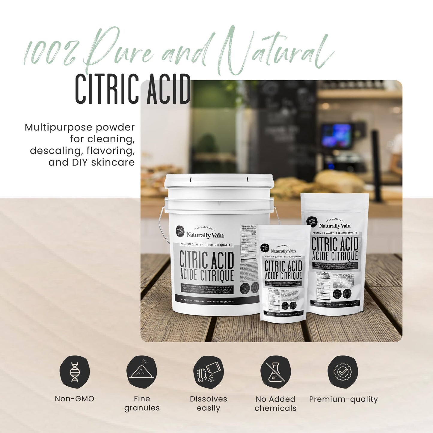 Naturally Vain Citric Acid Food-Grade, Pure Citric Acid Powder for Cleaning, Descaling, Flavoring, DIY Bath Bombs, Natural Preservative, Fine Granules, 5lb Resealable Bag
