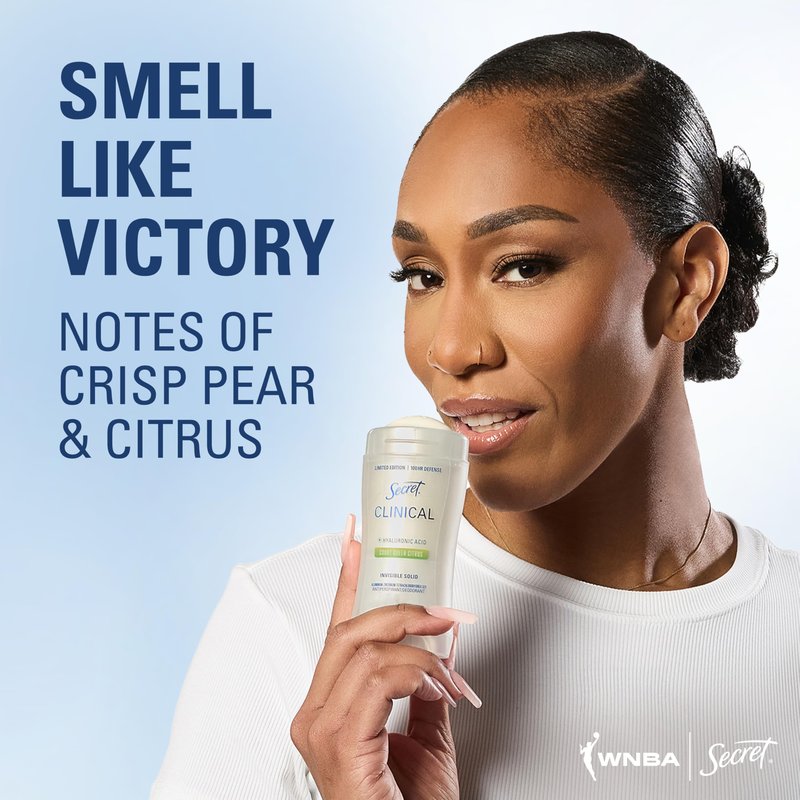 Secret Clinical Strength 100HR Defense, Invisible Solid Antiperspirant Deodorant for Women, A'Ja Wilson Edition, Triple Threat Sweat Protection, Hyaluronic Acid, Court Queen Citrus Scent, 2.6 oz