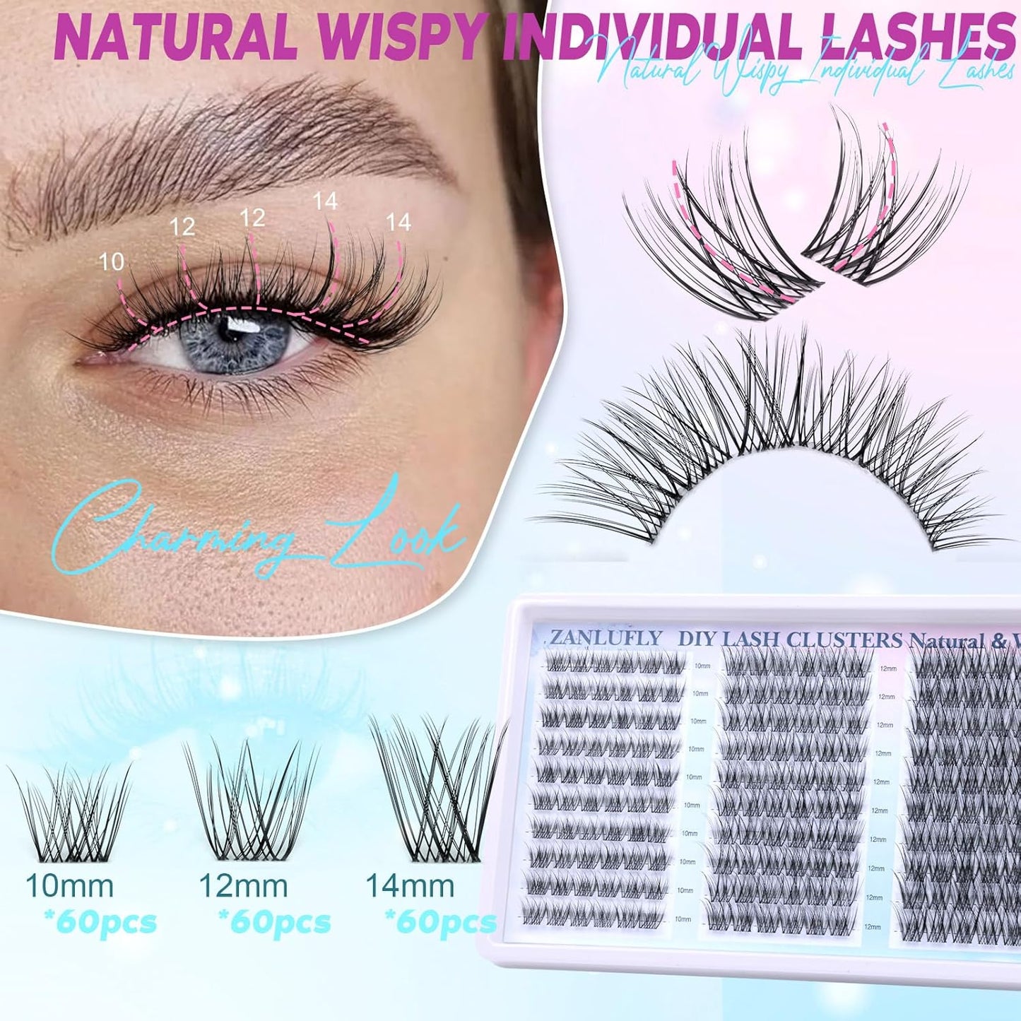 Zanlufly Wispy Eyelash Clusters - Natural CC-Curly Individual Lashes | 180 Pcs, 10-14MM DIY Extensions