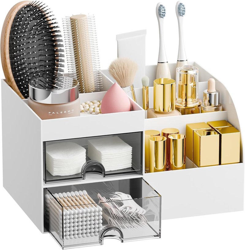 Skiennix Makeup Organizer - 2 Drawer Vanity Storage with Brush Holder | White Countertop Display Case