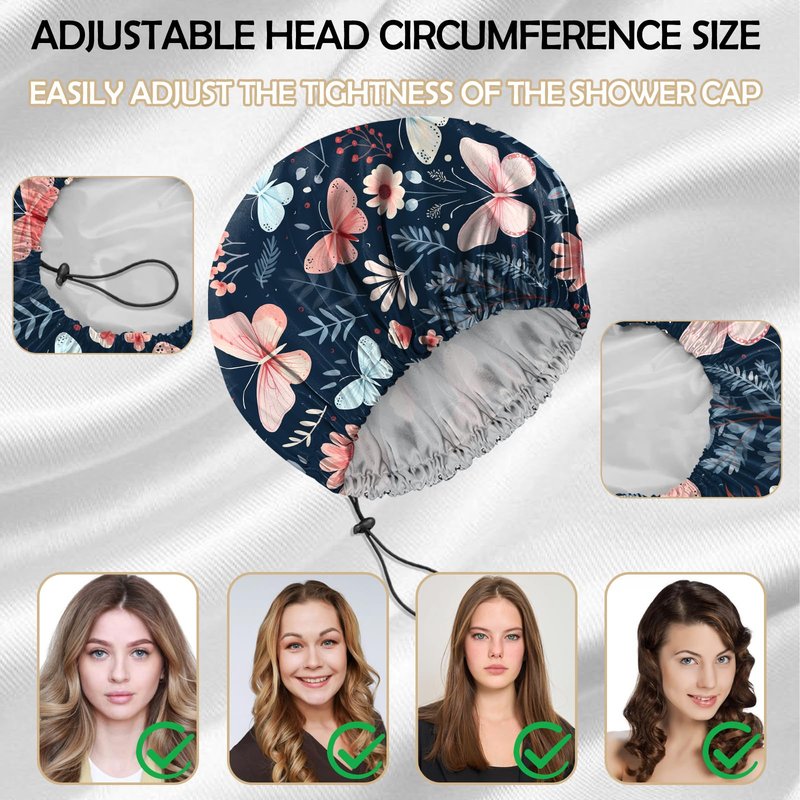 Deokke 2 PCS Shower Cap Reusable Waterproof Adjustable Double Layer Elastic Dry Hair Bathing Caps Aesthetic Cute for Women Girls-Butterfly Flower