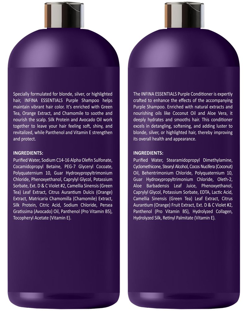 INFINA ESSENTIALS Purple Shampoo and Conditioner Set - Sulfate Free, Enriched with Coconut Oil & Aloe Vera, Ideal for Blonde, Gray, Brassy & Color Treated Hair, Nourishes & Hydrates - 16 fl oz each