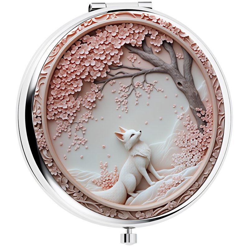 Silver Compact Mirror, 2.8x2.8inch Double-Sided Folding Makeup Mirror with Cherry Blossom White Fox Design, Ideal Gift for Women