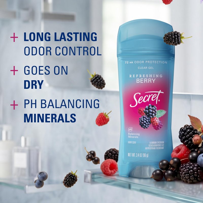 Secret Fresh Antiperspirant Deodorant for Women, 72hr Breathable Sweat & Odor Protection, Instant Freshness & Gentle, PH Balancing Minerals, Clear Gel, Refreshing Berry Scent, 3.4 oz