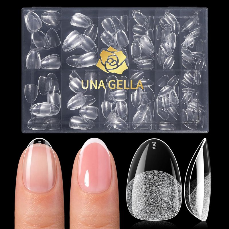 Extra Short Almond Gel Nail Tips - 216 Pcs Full Cover Press-On Nails | Half Matte Clear for DIY Salon at Home, 12 Sizes