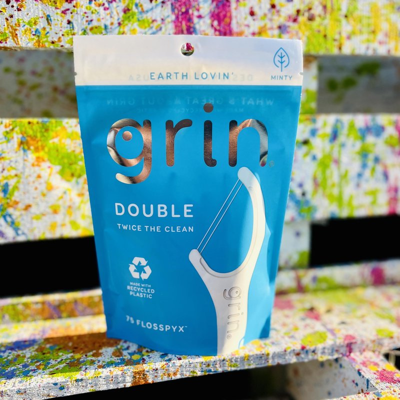 GRIN Double Flosspyx, Floss Picks, 75 Count, Dental Flossers, Minty Flavor, Recycled Plastic, 2 Lines of Strong Floss, Longer Floss Head, Traps Food and Plaque, Includes Safe Soft Fold-Back Tooth Pick