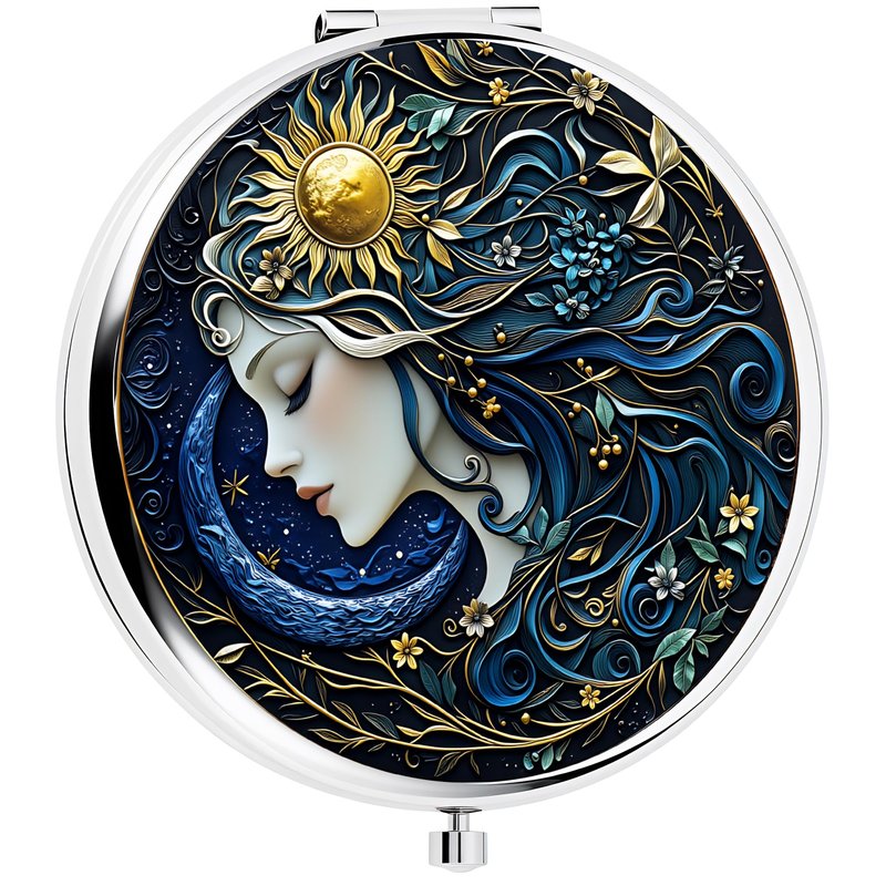 Silver Compact Mirror, 2.8x2.8inch Double-Sided Folding Makeup Mirror with Sun Moon Goddess Design, Ideal Gift for Women