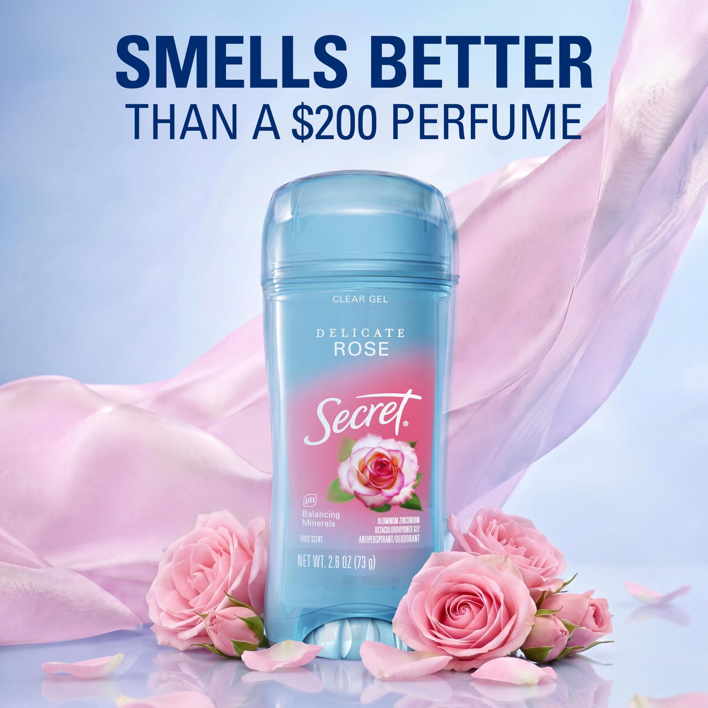 Secret Fresh Antiperspirant Deodorant for Women, 72hr Breathable Sweat & Odor Protection, Instant Freshness & Gentle, PH Balancing Minerals, Clear Gel, Delicate Rose Scent, 2.6 oz (Pack of 2)