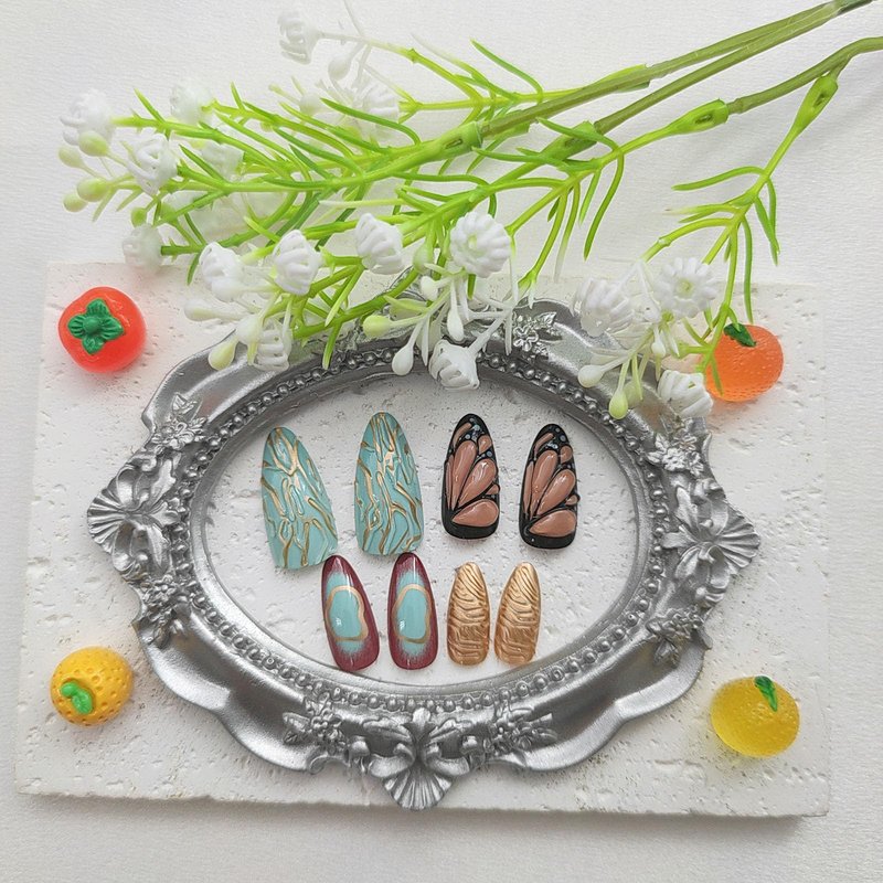 French Tip Press on Nails Medium Almond Fake Nails with 3D Butterfly Lines Designs Green Nails Press ons Gold Acrylic Nails for Women 24Pcs