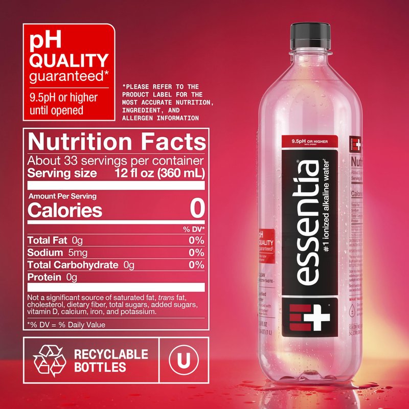 Essentia Ionized Alkaline Water, 9.5 Ph Until Opened, 99.9% Pure, Bottled Water, 12Pk