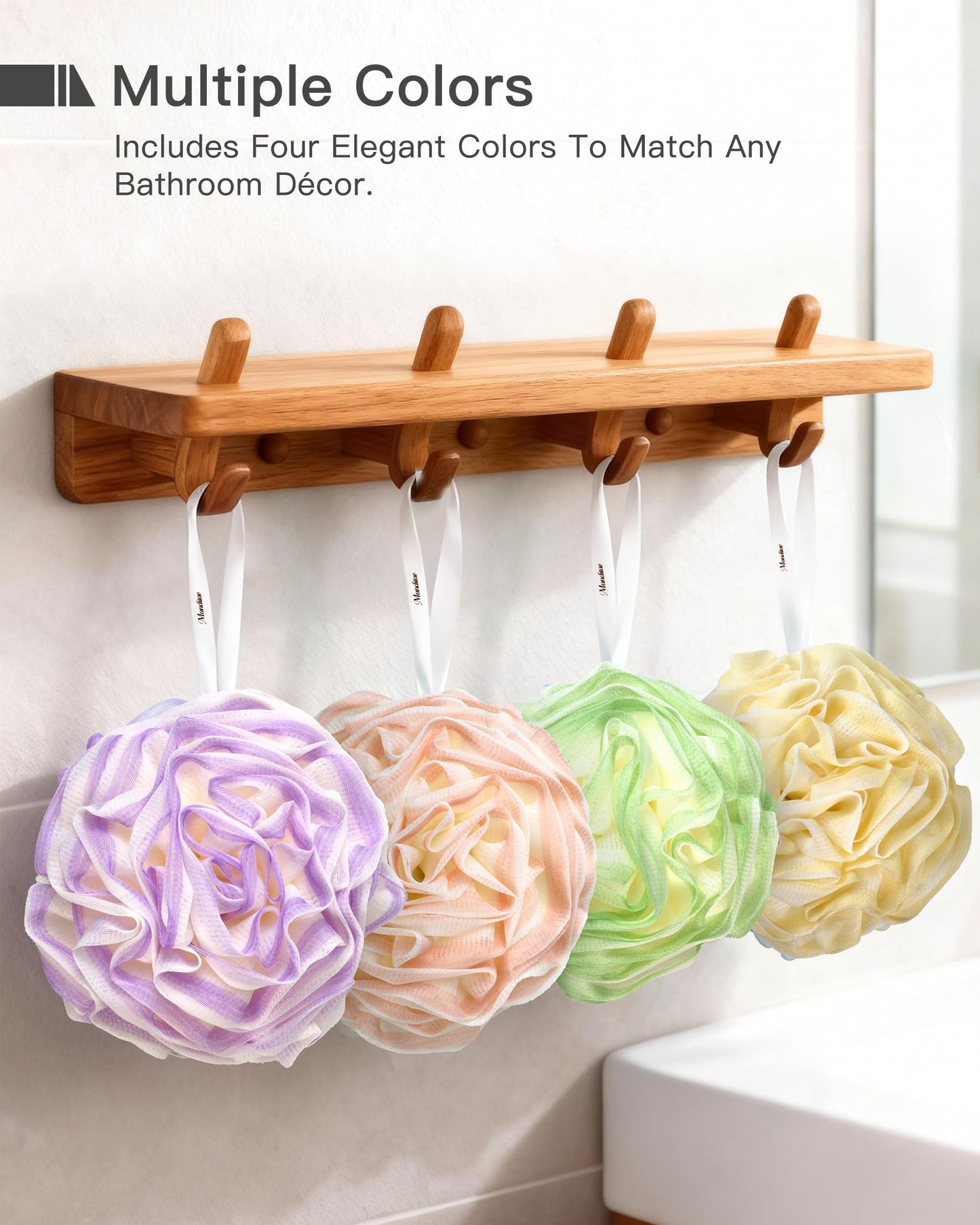 Loofah Sponge 70g, Large Exfoliating Flower Bath Sponge, Soft Durable PE Mesh with Reinforced Knotting, Rich Lather Bath Scrubber for Body, for Travel or as a Holiday Gift (4Pack, Green-Beige)