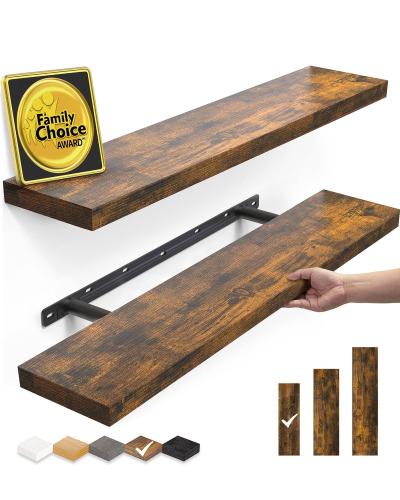 BAYKA Floating Shelves Set of 2, 22.5 inches Farmhouse Rustic Wood Wall Mounted Shelves for Bathroom, Bedroom, Living Room or Kitchen, Hanging Shelf Decor Book with 22lbs Capacity, Rustic Brown