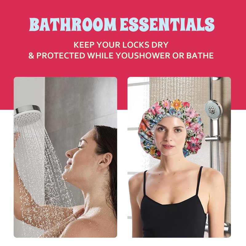 BHAHB Luxury Shower Cap Satin Lined Reusable Waterproof Double Layer Elastic Adjustable Hair Bath Cap Cute Aesthetic Women Girls-Flowers