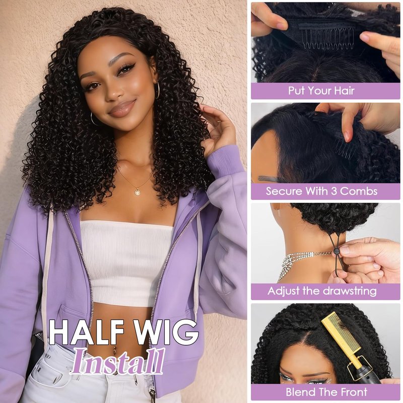 Reehaaboo Kinky Curly Half Wig for Women - 3-in-1 Synthetic Curly Half Wig with Drawstring & Glueless 22 Inch Natural Black Beginner Friendly