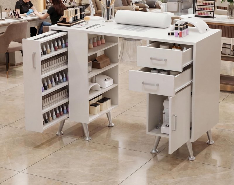 GarveeLife Professional Manicure Table with Dust Collector & Wrist Rest, Vertical Pull-Out Locker Nail Desk with 2 Drawers & 1 Cabinet, Nail Table Salon Station for Home Beauty Center, White