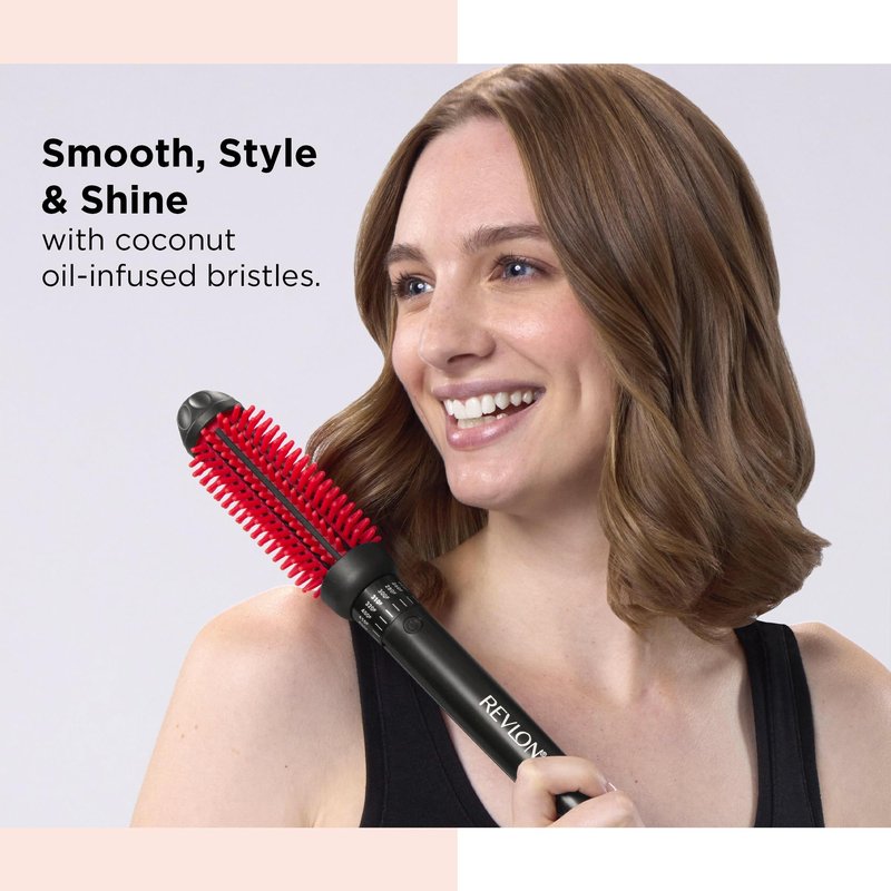 REVLON SmoothStay Coconut Oil Infused Heated Styling Brush, 1 Inch Thermal Round Curling Tool, Silicone Bristles, Adjustable Temperatures, Shiny Voluminous Finish, Black/Red