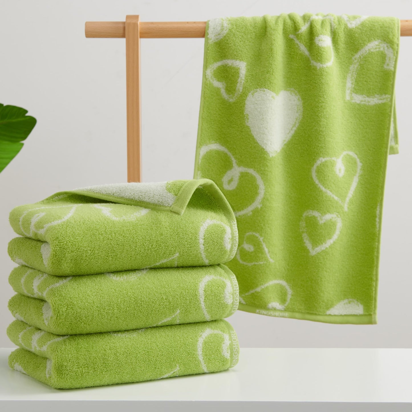 VOOVA & MOVAS 4 Pcs Green Hand Towels with Heart Pattern (13"X28"),100% Cotton - Ultra-Absorbent, Quick-Dry & Lightweight | Face Towels | Soft, Plush Decoratice Towel Set