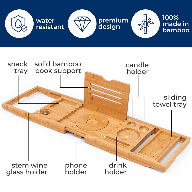 SereneLife Premium Bathtub Tray Caddy, Expandable Bath Tray, Unique House Warming Gifts, Gift for Mom, Women, New Home, Wedding, Anniversary, Bridal Shower, Universal Fit for All Tub - Natural, Folding, Gift Set