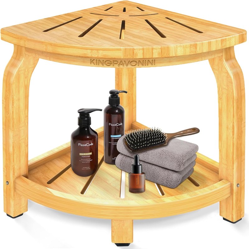Bamboo Corner Shower Stool - Waterproof Bath Bench Seat with Storage Shelf | Holds Up to 450 lbs