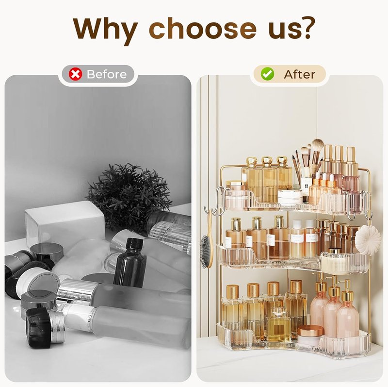 Clear 3-Tier Bathroom Organizer by Corner - Stylish Countertop Storage with Hooks for Makeup & Skincare