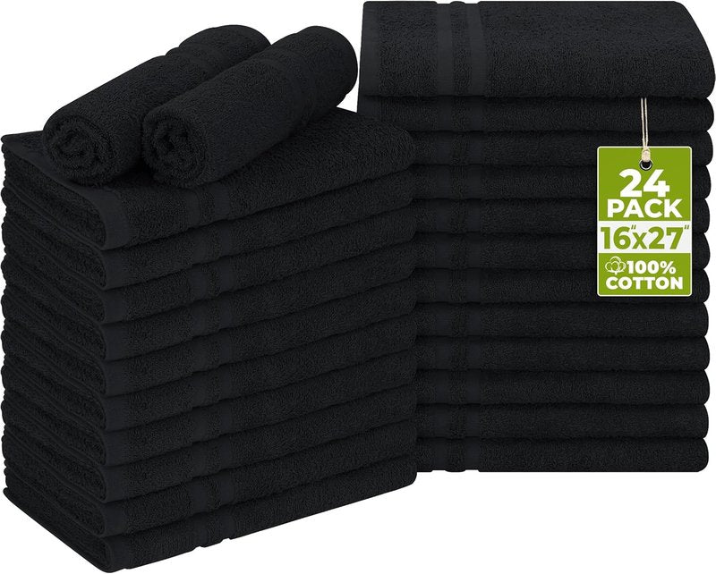 Cotton Bleach-Proof Salon Towels - 100% Cotton Hand Towels for Gym | 16x27 Inches, Black, 24 Pack