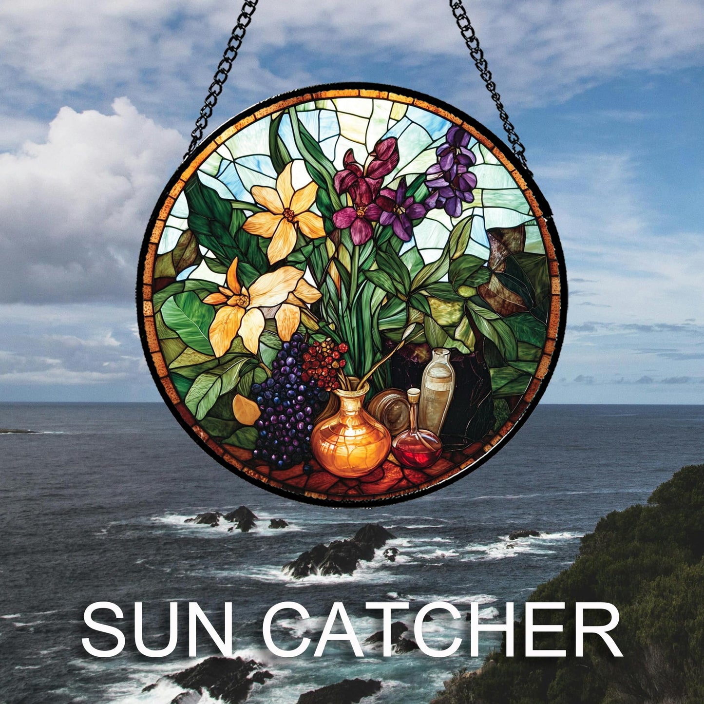 QZQCBLC Stained Glass Window Hanging Berry Plant Purple Yellow Flowers in Vase Large 11.8" - Suncatcher Door Garden Sun Catcher Home Decor Birthday Christmas for Mom Men Woman Nana