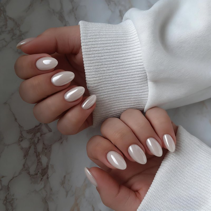 KXAMELIE Pearl White Press On Nails Short, Glazed Donut Extra Short Almond Press on Nails with Glue and Tabs, Reusable Thick Reflective Shimmer Fake Nails Oval in 16 Sizes - 32 Pcs All-in-One Kit