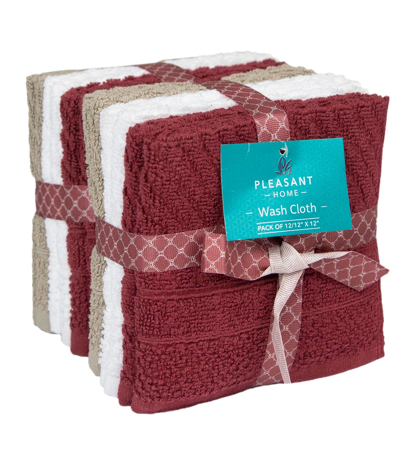 PH Pleasant Home Diagonal Wash Cloths Set - 12 Pack (12” x 12”) – 509 GSM - 100% Ring Spun Cotton Wash Cloth - Super Soft and Highly Absorbent Face Towels (Maroon, White & Tan)