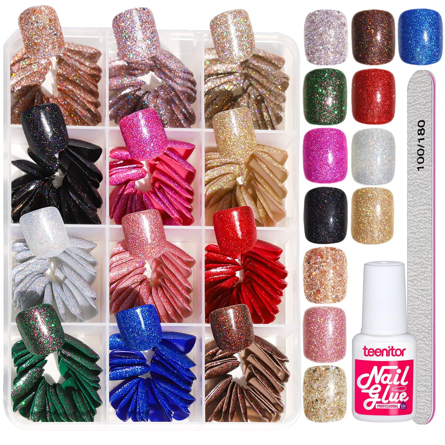 Teenitor Short Press on Nails,288PCS Glitter Square Press on Nails, Fake Nails, Short False Nails, Finger Nails