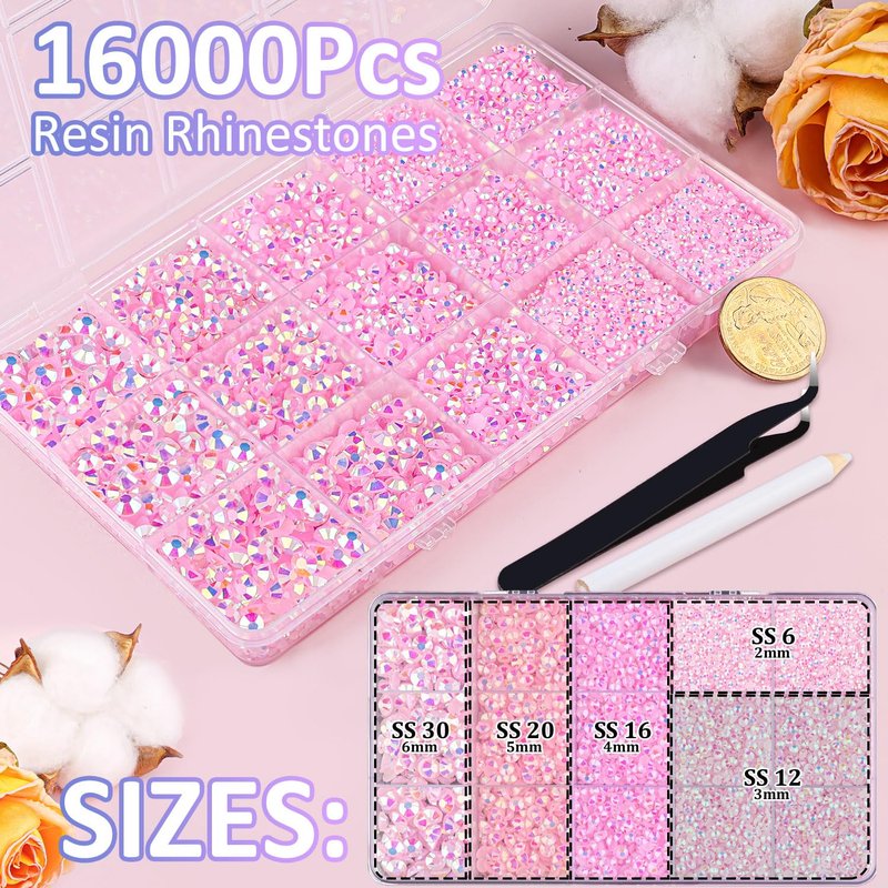 16000Pcs Resin Jelly Rhinestones for Crafting, Light Pink AB Flatback Gems, Bedazzling Crystal with 3Pcs 10ml B7000 Jewelry Glue for DIY Crafts Clothing Tumblers Shoes Fabric Nail Art
