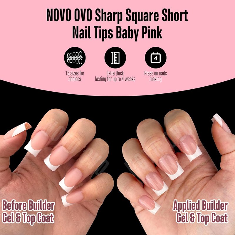 NOVO OVO Press-On Baby Pink French Tip Nail Tips | Full Cover Soft Gel Extensions - 240 Pcs in 15 Sizes