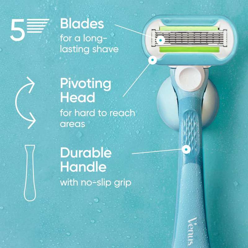 Gillette Venus Extra Smooth Razor for Women, Includes 1 Reusable Razor Handle + 4 Refills, 5-Bladed, Ergonomic No-Slip Gel Handle and Shower Holder