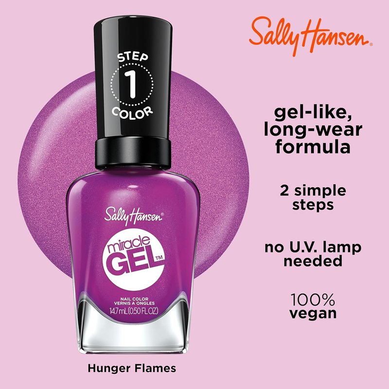 Sally Hansen Miracle Gel Nail Polish - Long-Lasting Gel-Like Formula | Opaque Shimmery Purple | 529 Hunger Flames