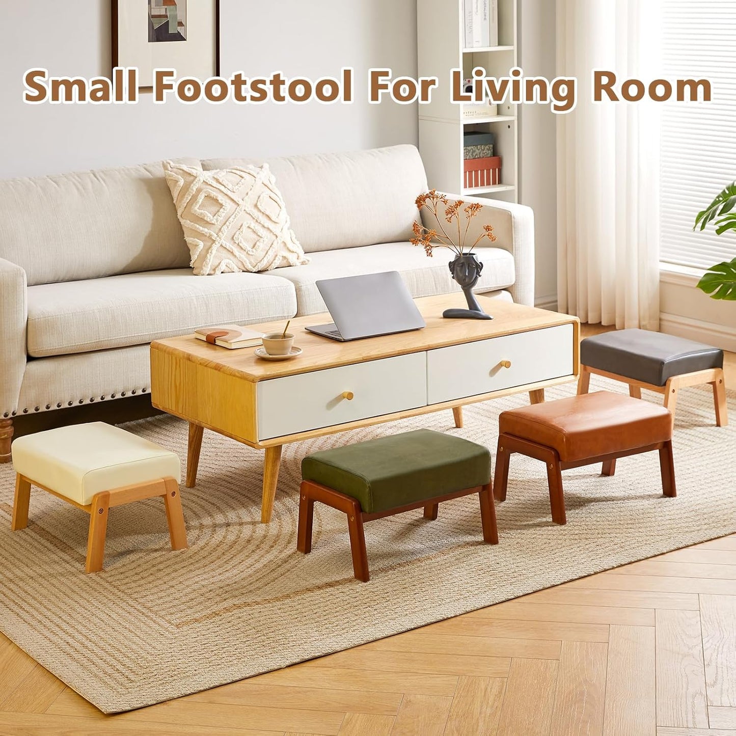 Small Foot Stool Ottoman - 10.2” Rectangle PU Faux Leather Foot Rest with Padded Seat & Wood Legs | Modern Accent for Living Room & Office, White