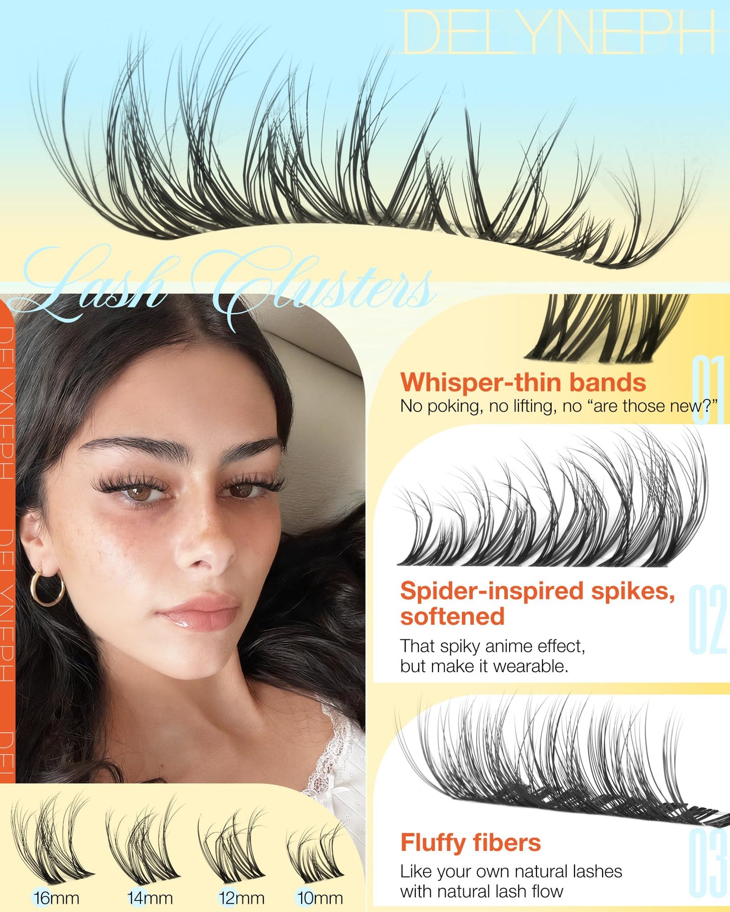 Spider Lash Clusters Natural Breeze Eyelash Clusters Wispy Cluster Eyelash Extensions Fluffy Lash Extensions CD Curl Clear Band Individual Lashes Clusters by Delyneph(10-16mm)