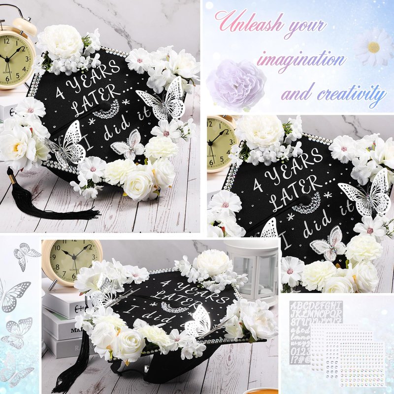 Hoteam DIY Graduation Cap Decorations Kit Included Faux Flowers 3D Butterfly Self Adhesive Rhinestones Glitter Alphabet Letter Stickers for 2026 Grad Cap Topper Party Gifts Decor(White)