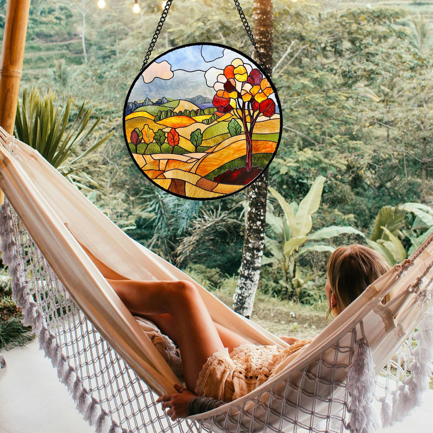 QZQCBLC Stained Glass Window Hanging Orange Mountains Trees Farm Landscape 6.3" - Suncatcher Door Garden Sun Catcher Home Decor Birthday Christmas for Mom Men Woman Friend