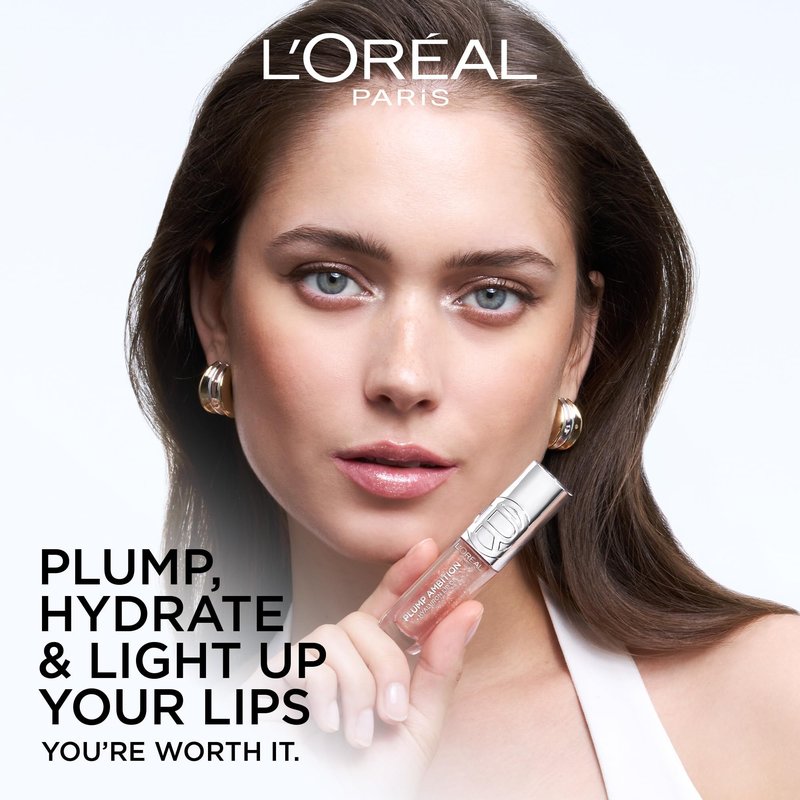 L'Oreal Paris Plump Ambition Hyaluron Lip Oil Shimmer, 24 HR Lip Gloss with Hyaluronic Acid, Volumizing Formula with Glass-Like Shine, Mauve Lights, 0.16 fl oz